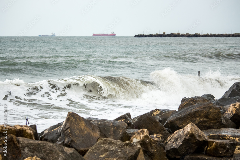 big sea wave on the black sea, Poti, Georgia