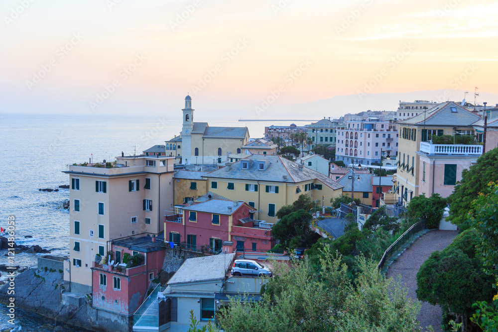 Village Boccadasse and Mediterranean Sea panorama at sunset, Genoa, Italy
