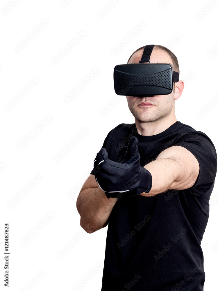 Man with virtual reality headset playing video games Man with virtual reality headset playing video games
