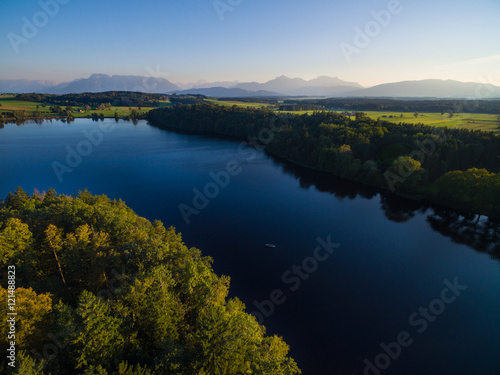 Aerial: Sunset at lake Abtsee, Bavaria