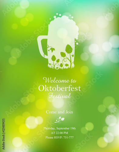 Oktoberfest poster or greeting card on the green blurred background.