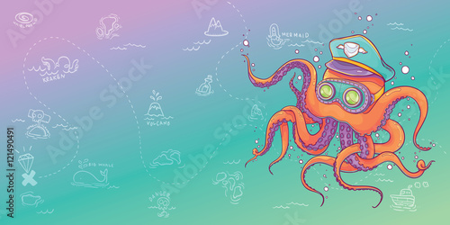 Vector Illustration of Orange Octopus Wearing Captain Hat and Steampunk Goggles with Treasure Map Background, For Banner and Printing
