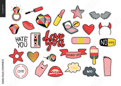 Set of contemporary girlish patches elements. A set of vector girls stuff like makeup, hearts, phrases, notes, stickers, stars, wings, tape, popsicle, lips Vector stickers kit