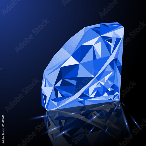 Realistic shining blue amethyst jewel with reflection, blue glow and light sparks on gradient background. Colorful gemstone that can be used as part of logo, icon, web decor or other design.