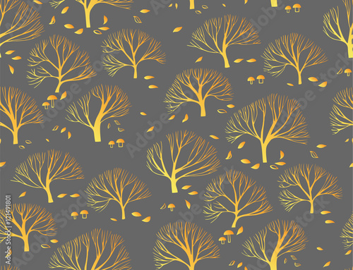 Autumn tree pattern. Seamless retro tree autumn pattern wallpaper with forrest illustration in vector. Plants ornament

