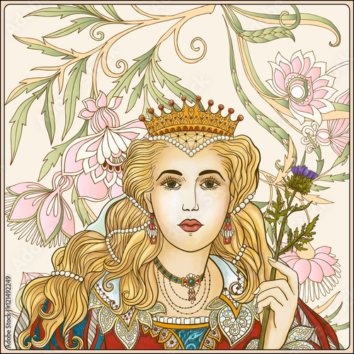 Medieval Queen on floral background.