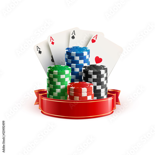 casino realistic icon with  chips  cards and red ribbon isolated on white