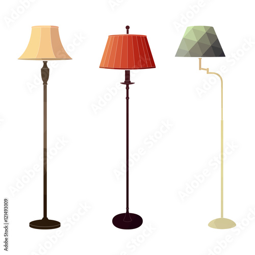 Set of retro colored floor lamps on white background in the style of a polygon. Vector illustration. Icon vintage floor lamps.