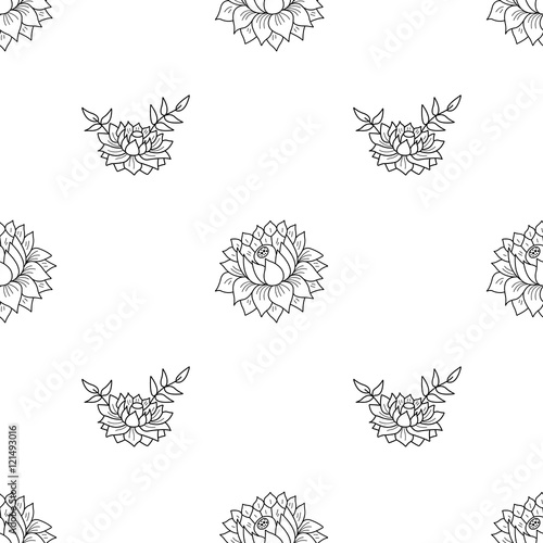 Seamless pattern with black flowers on white background. Vector illustration.