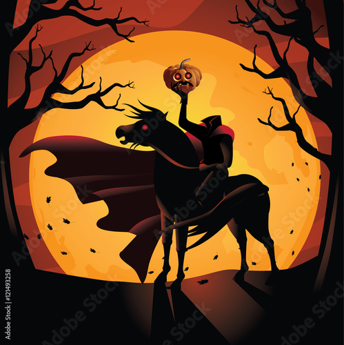 Headless Horseman. The horseman rides against the big orange full moon. EPS 10 vector.