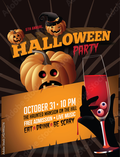 Halloween party poster invitation with pumpkins and blood champagne. EPS 10 vector.