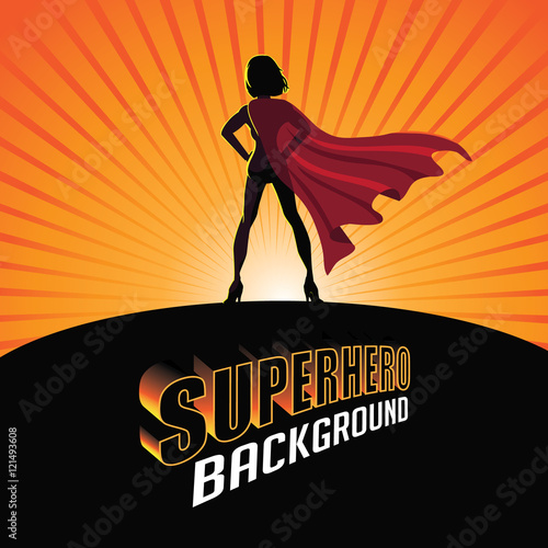 Silhouette cartoon girl in superhero costume burst background. EPS 10 vector.