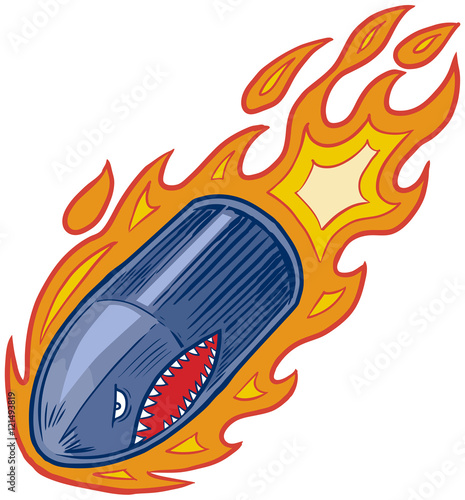 Vector Flaming Bullet or Artillery Shell Mascot with Shark Face