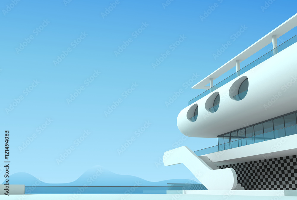 Futuristic modern white villa overlooking the mountains and the sky. 3d illustration