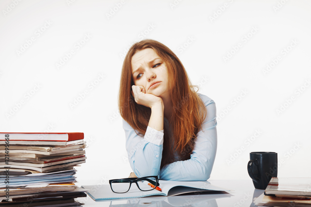 tired and exhausted woman working with documents (psychologica tired and exhausted woman working with documents (psychologica