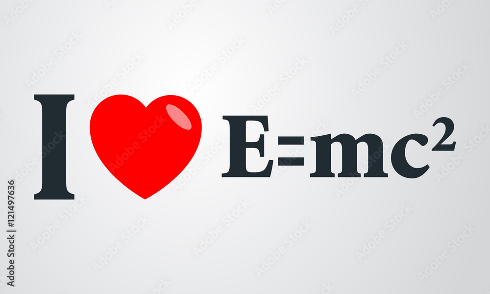Icono plano i love simbolo E=mc2 en fondo degradado