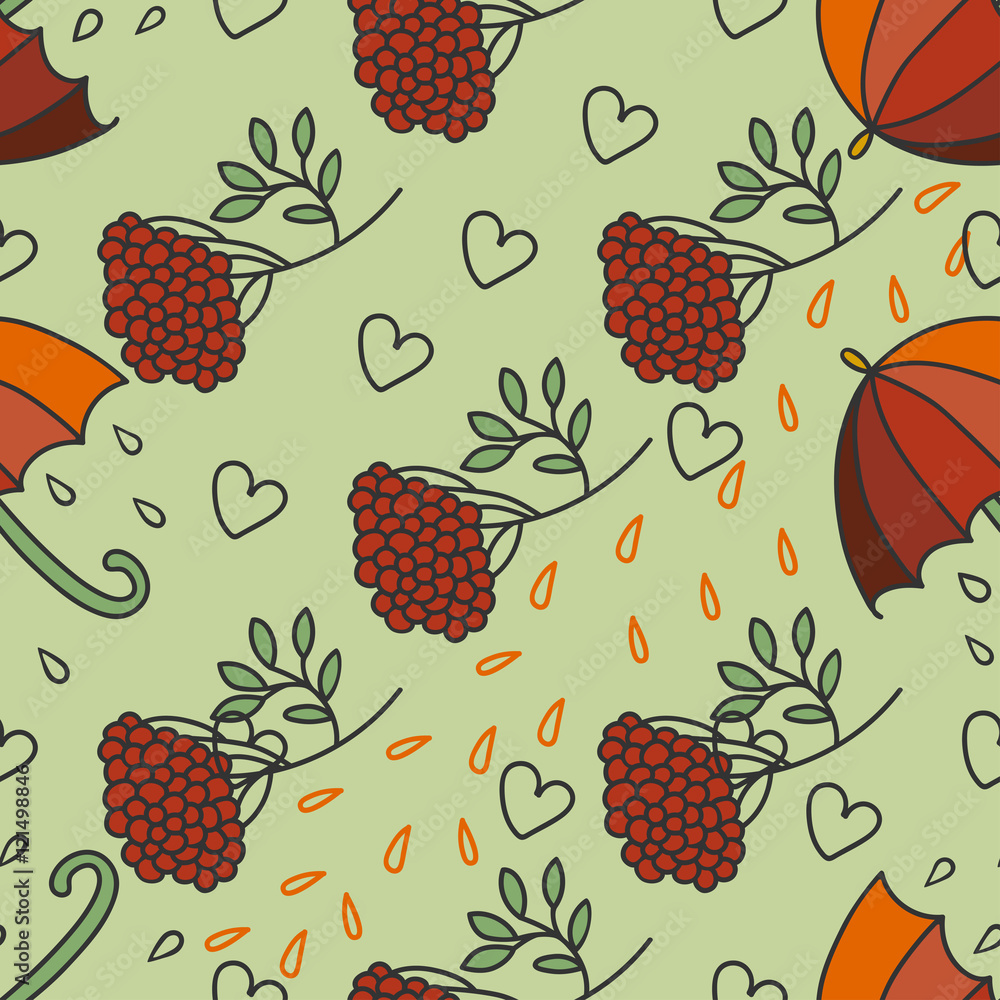 Autumn rainy pattern with umbrellas, kalina, leaves and hearts. Autumn rainy pattern with umbrellas, kalina, leaves and hearts.
