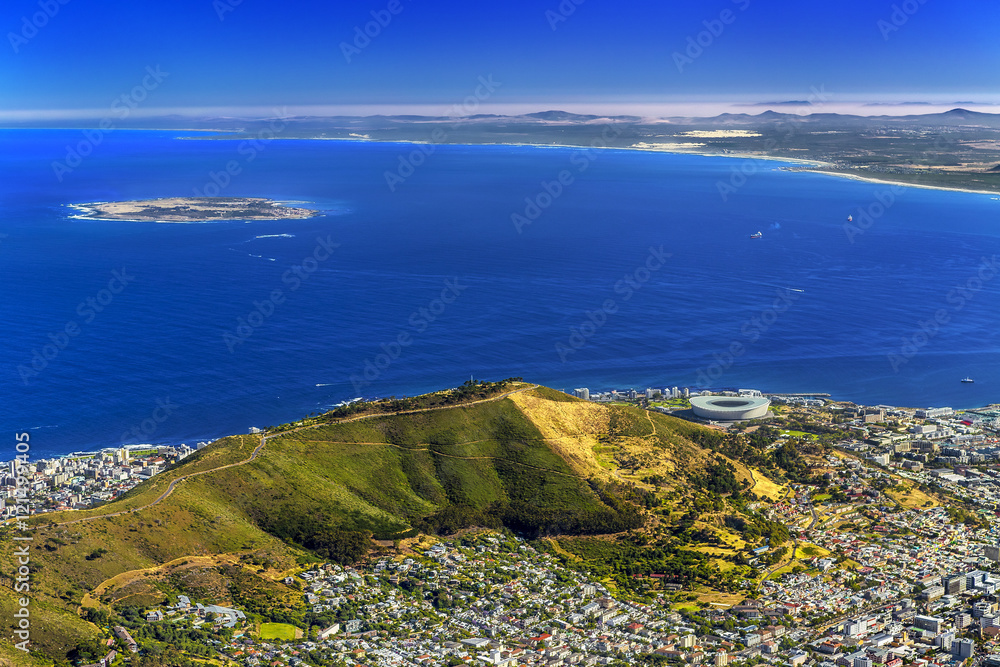 Republic of South Africa. Cape Town (Kaapstad). Panoramic ocean view of the city, Signal Hill and Robben Island