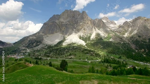 AERIAL VIEW: flight over Passo Falzarego. Italian Dolomites alps