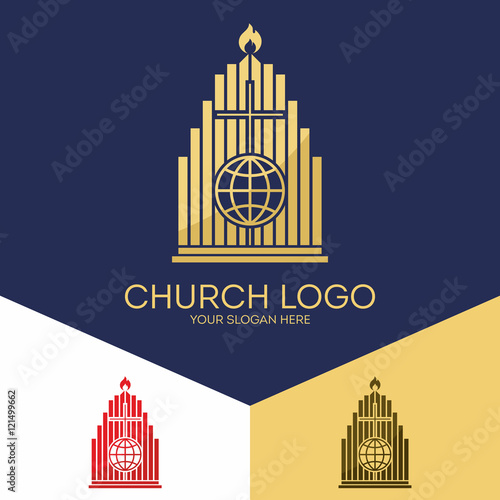 Church logo. Christian symbols. The Bible, the cross of Jesus, salvation of the world.