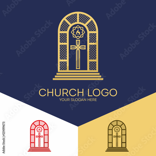 Church logo. Christian symbols. Stained glass, Jesus cross, crown of thorns and a dove - a symbol of the Holy Spirit.
