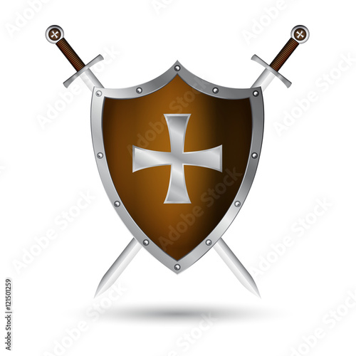 Scudo medievale con decorazione e spade incrociate