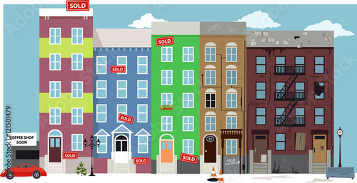 Urban street view with renovated condo developments supersede old deteriorated neighborhood in a process of gentrification, EPS 8 vector illustration