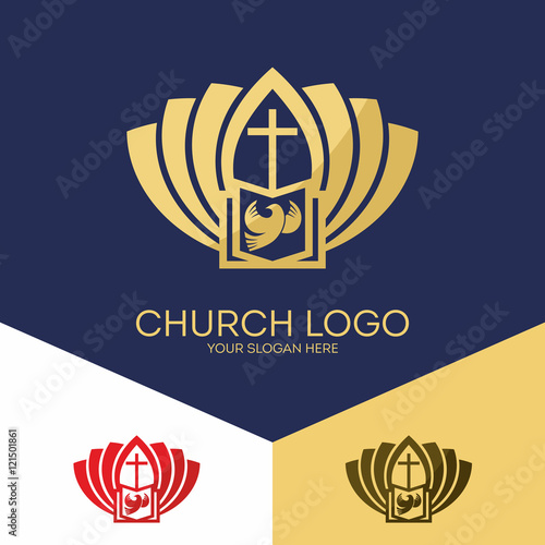 Church logo. Christian symbols. The Bible, the cross of Jesus and the Holy Spirit