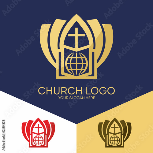 Church logo. Christian symbols. The Bible, the cross of Jesus, salvation of the world.