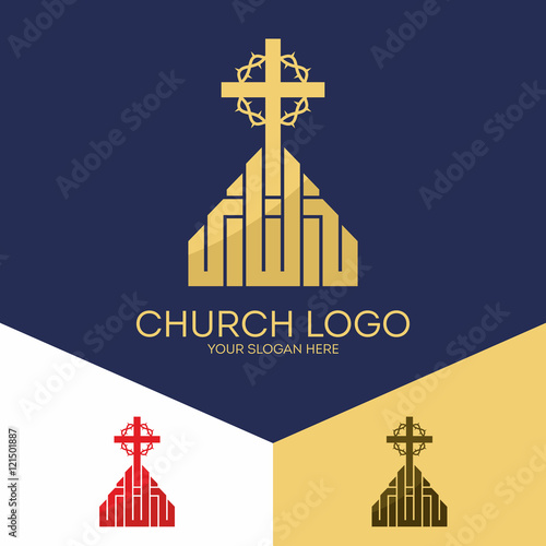 Church logo. Christian symbols. The cross of Jesus and a crown of thorns.