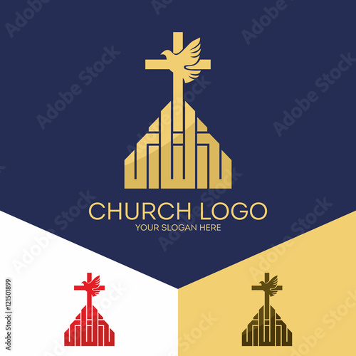 Church logo. Christian symbols. The cross of Jesus Christ and the dove of the Holy Spirit.