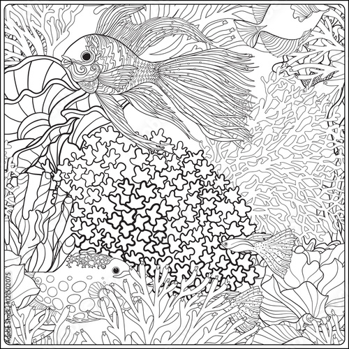 Pattern with decorative corals and sea or aquarium fish. Anti stress coloring book for adult. Outline drawing coloring page.
