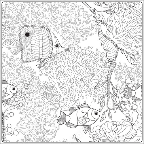 Pattern with decorative corals and sea or aquarium fish. Anti stress coloring book for adult. Outline drawing coloring page.