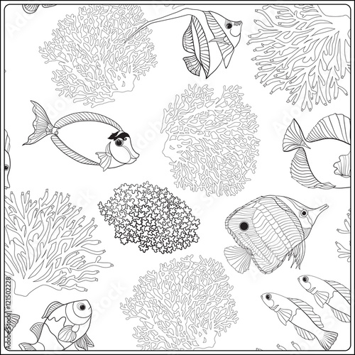 Pattern with decorative corals and sea or aquarium fish. Anti stress coloring book for adult. Outline drawing coloring page.