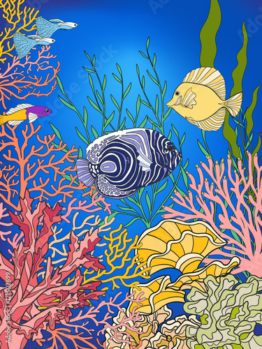 Corals and fish. Coral reef collection. Stock linen vector illustration.