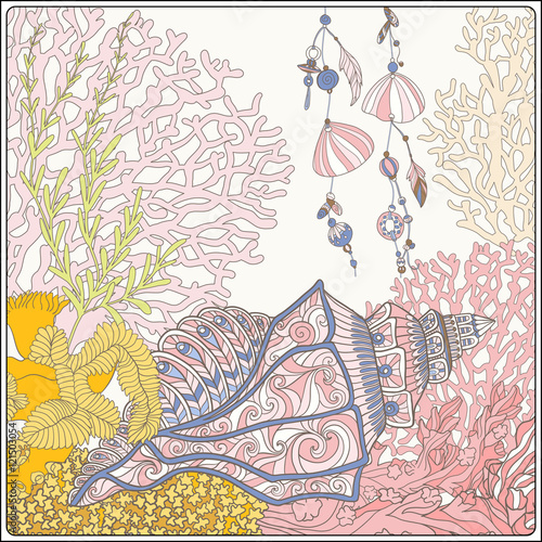 Coral reef collection. Corals and fish.