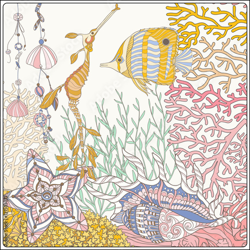 Coral reef collection. Corals and fish.