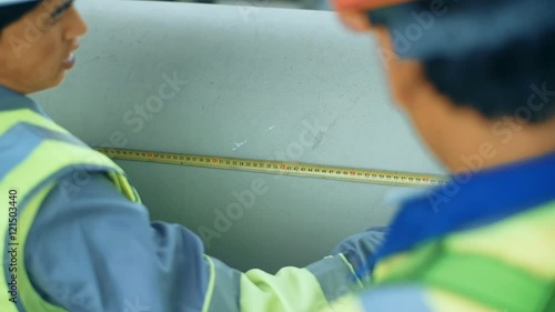 Workers measuring a tube with a tape measure. Industrial back ground with gas pipiline photo