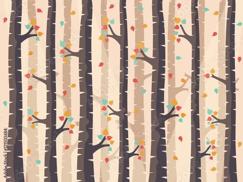 Autumn Birch Forest Background with Falling Leaves. © bubble86