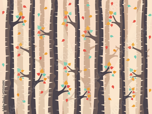 Autumn Birch Forest Background with Falling Leaves. 