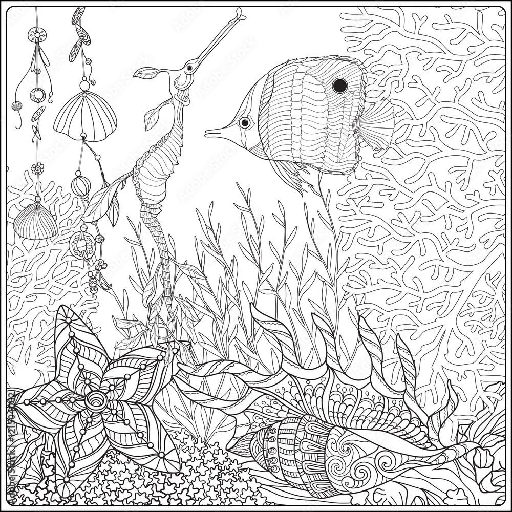 Fototapeta premium Coral reef collection. Anti stress coloring book for adult and. Outline drawing coloring page.