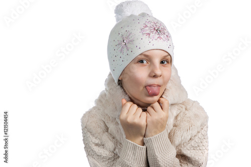 cute little girl in warm clothes on white background
