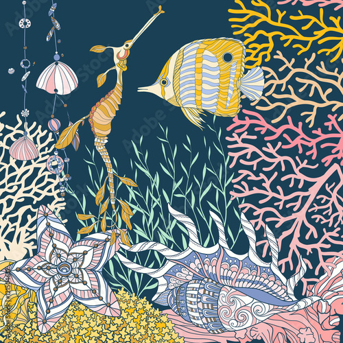 Coral reef collection. Underwater world. corals and fish.