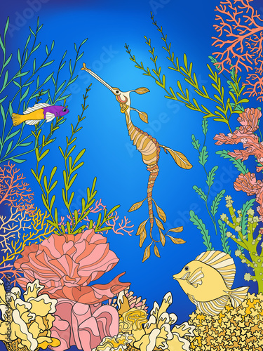 Corals and fish. Coral reef collection. Stock linen vector illustration.