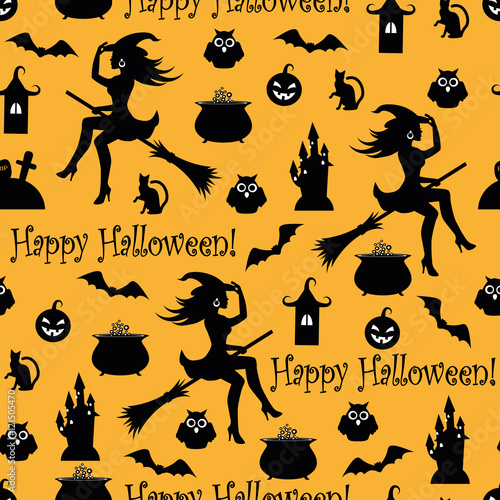 seamless square background with symbols of Halloween silhouettes on an orange background