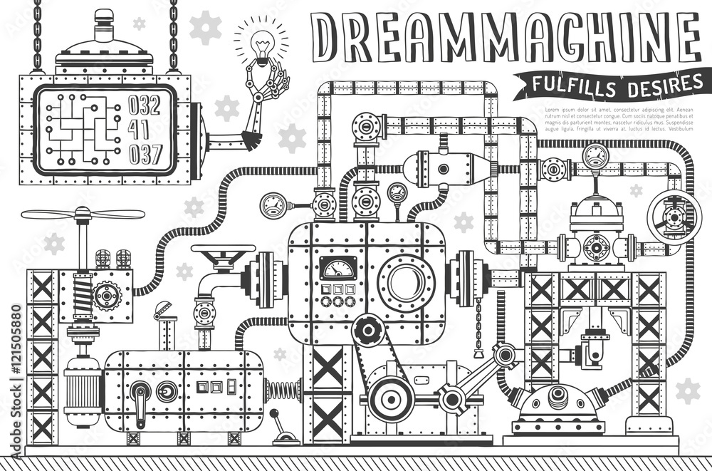Fantastic machine in doodle style. Steampunk apparatus for fulfillment of desires.