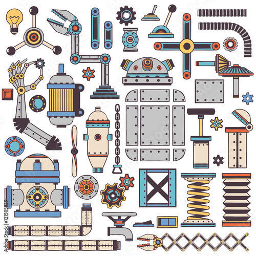 Colored machinery components and spare parts with a stroke in doodle style.