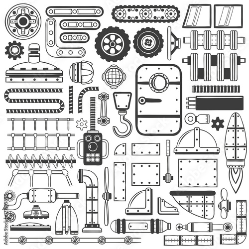 Compilation of machinery parts, parts of device or machines drawing in doodle style handmade.