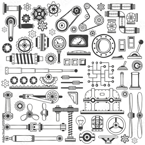 Set of industrial machine parts in doodle style. Suitable for construction machinery. photo