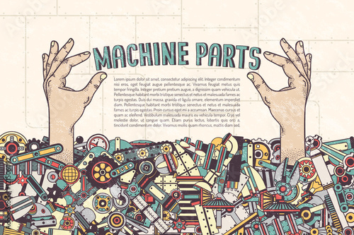 Poster Template - hand sticking out from a pile of machine parts hold inscription. Details in the clipping mask - can be removed and placed in another. Textures on separate layers.